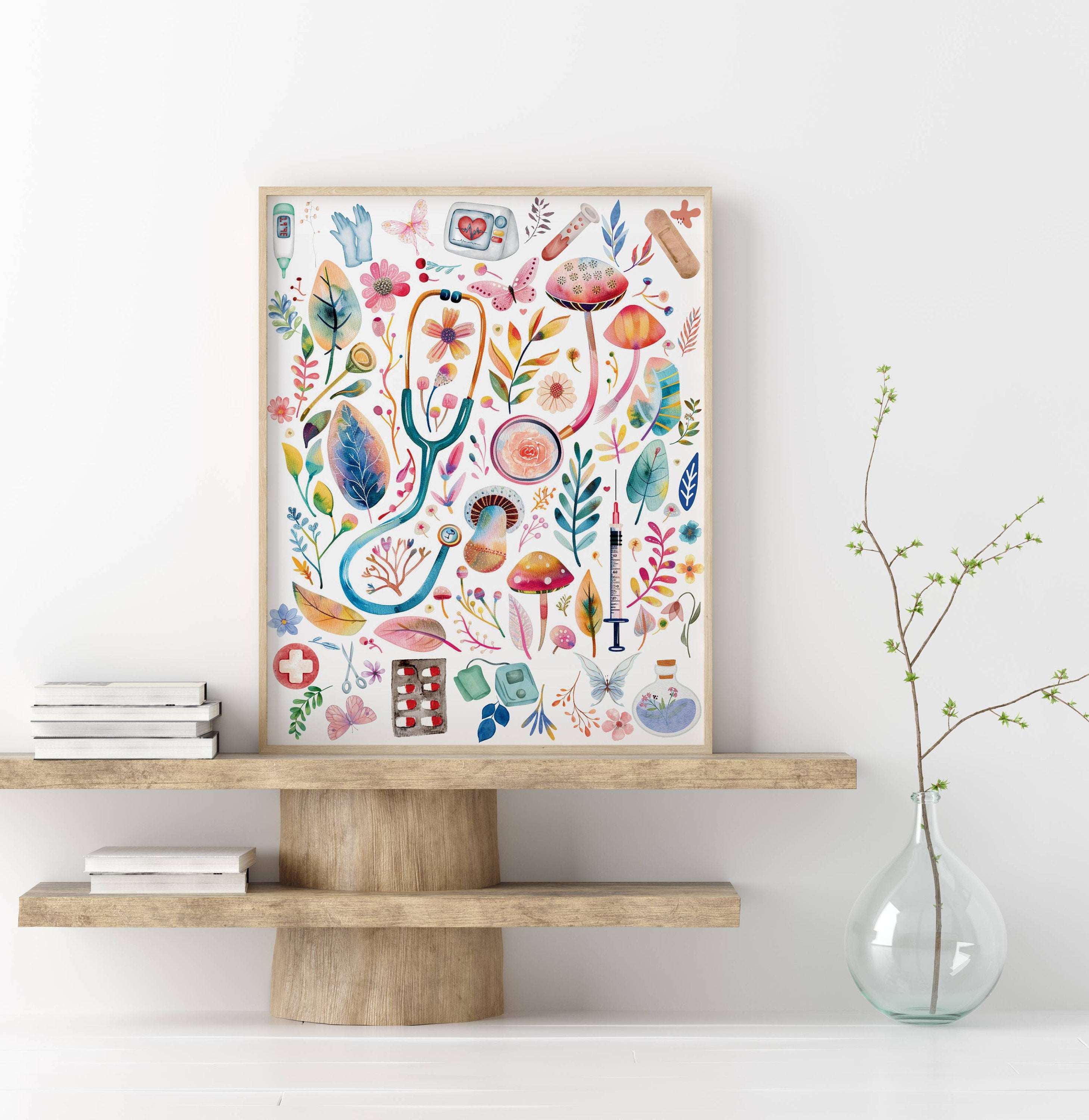 Watercolor Nurse Tools Garden Canvas Wall Art, Clinic Decor