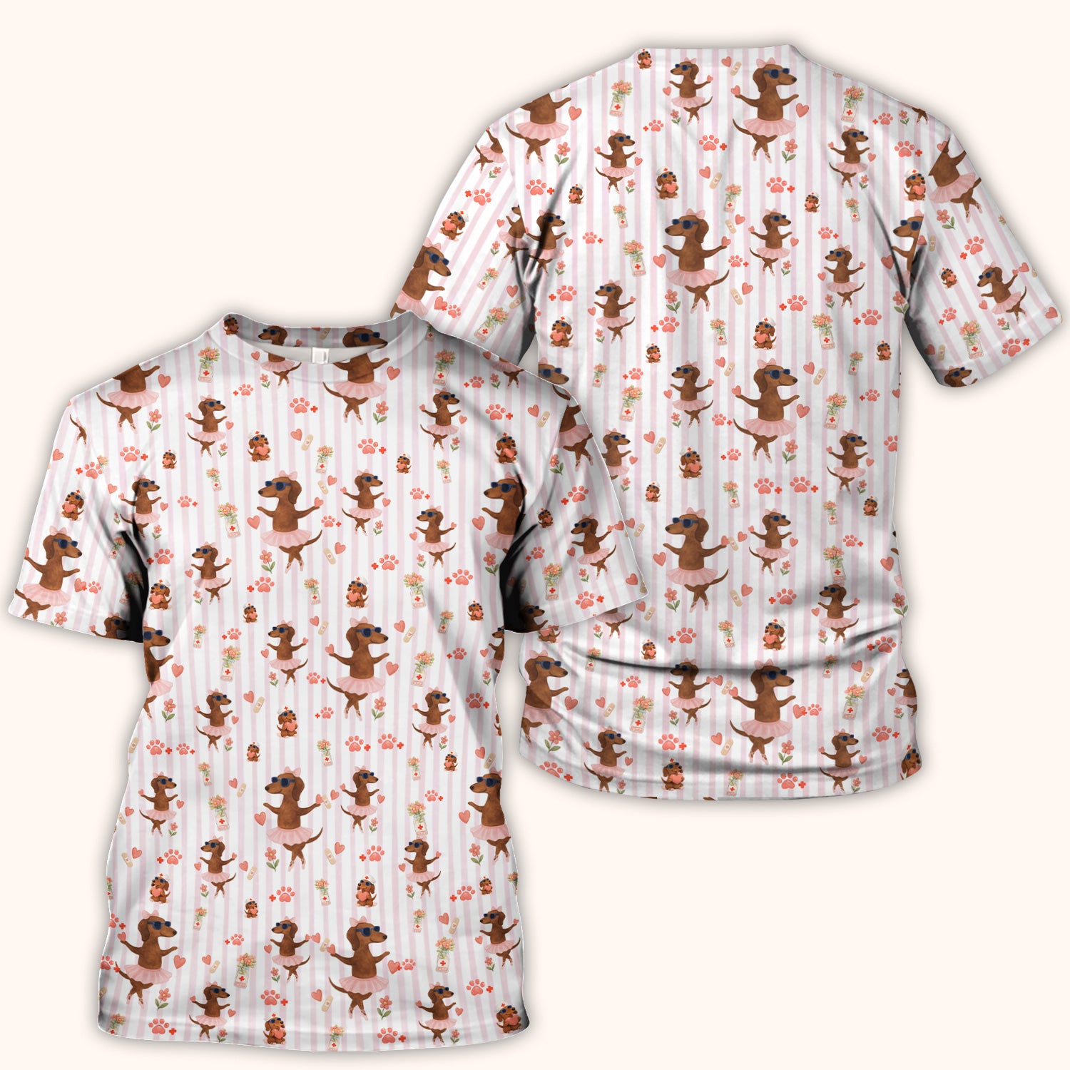 Cute Dachshund Dog Ballet Tutu Hearts Pattern Scrub Top, Comfortable Scrubs for Nurses