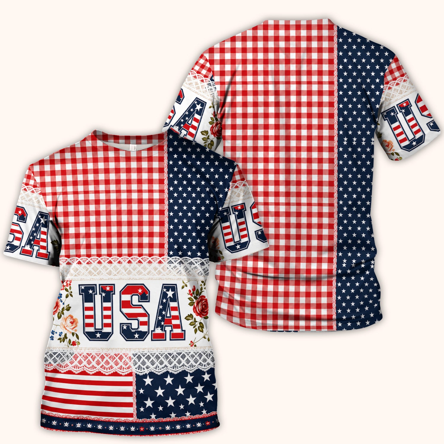 Patriotic Patchwork with USA Flag Pattern Scrub Top, Comfortable Scrubs for Nurses