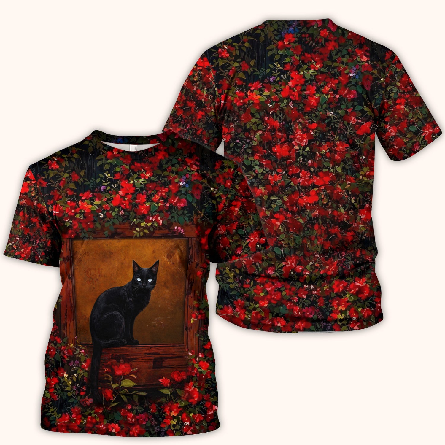 Black Cat Sitting By Red Floral Garden Window Scrub Top, Comfortable Scrubs for Nurses