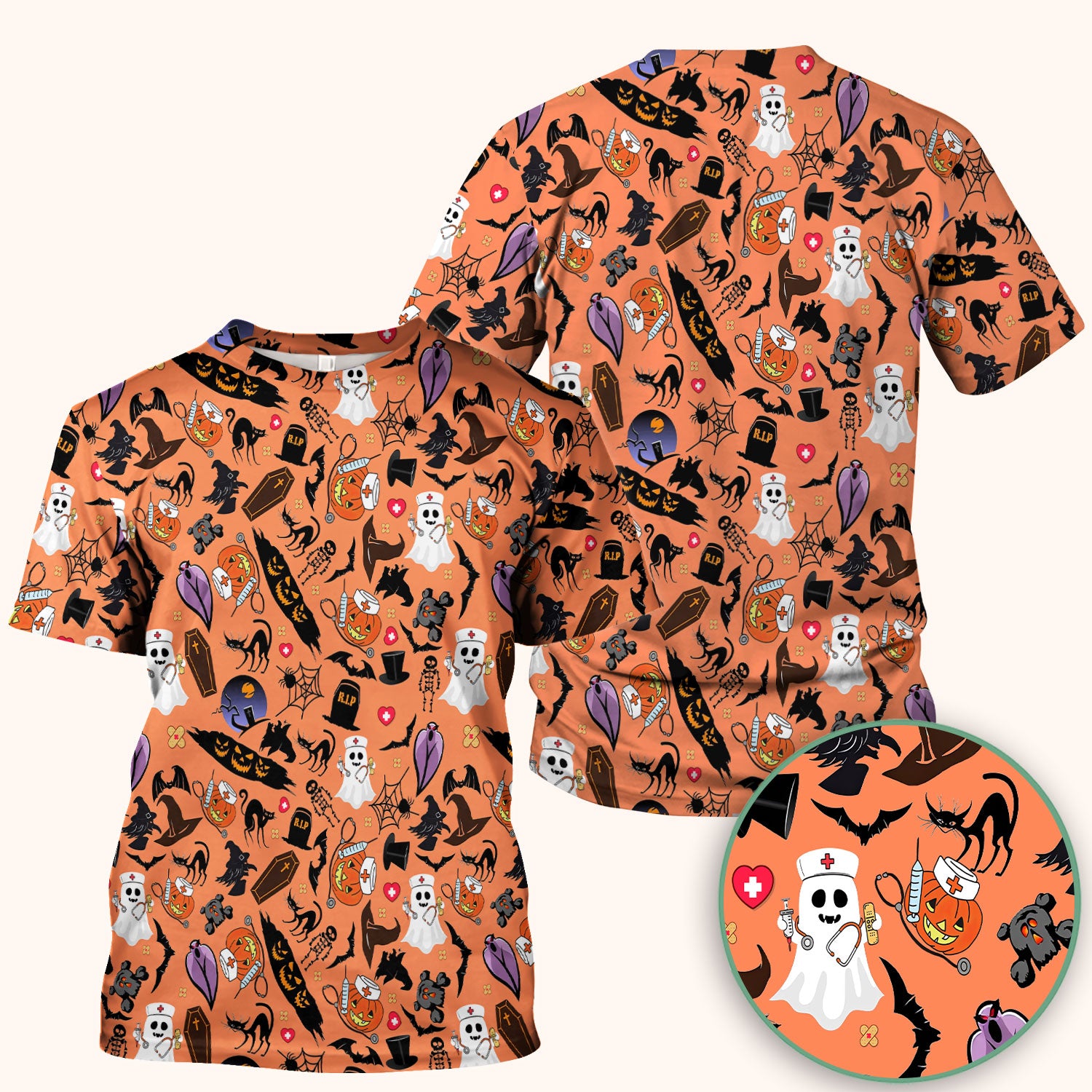 Spooky Halloween Scrub Top - Pumpkin Ghost Bat Nurse Shirt - Wicked Witch Medical Uniform for Women RN CNA LPN