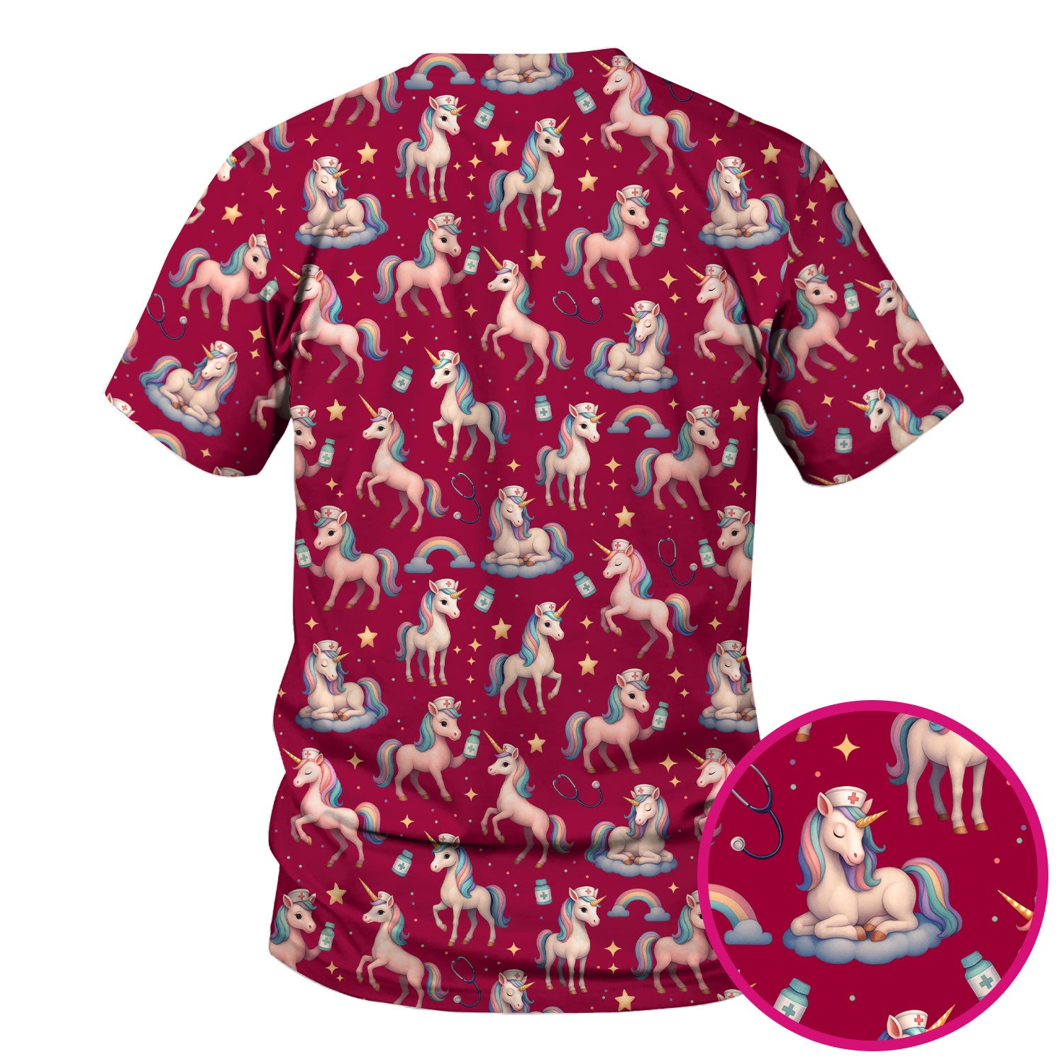 Unicorn Pattern Nurse Scrub Top - Pastel Rainbow Medical Shirt - Cute Fantasy Scrubs Gift for RN LPN CNA Healthcare Staff