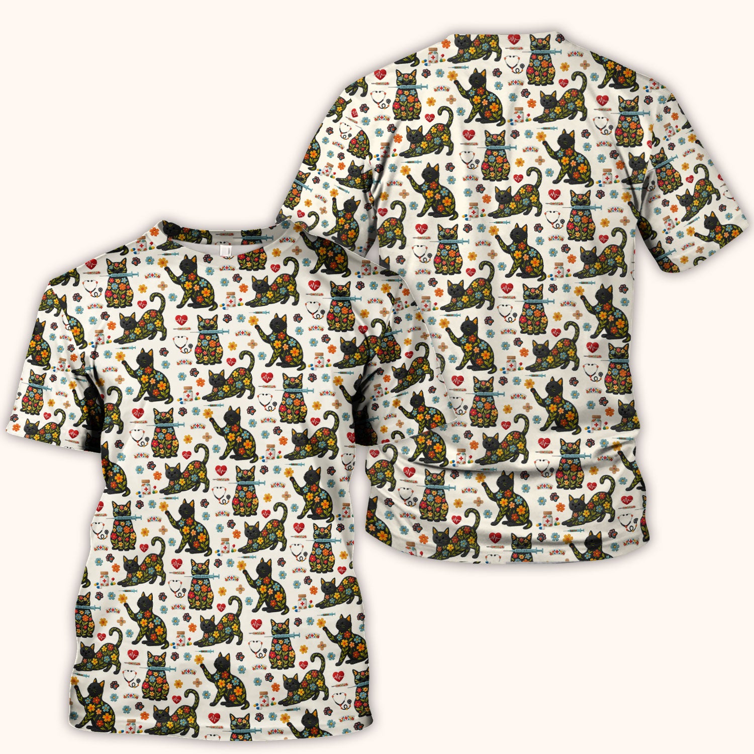 Floral Black Cat Pattern Scrub Top, Cute Cat Nurse Scrub Shirt, Medical Nursing Uniform