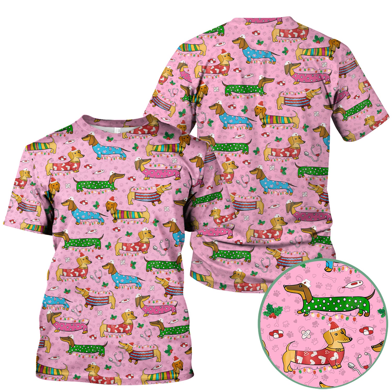 Christmas Dachshund Nurse Scrub Top - Cute Wiener Dog in Holiday Outfit - Funny Medical Shirt Gift for Women RN LPN CNA
