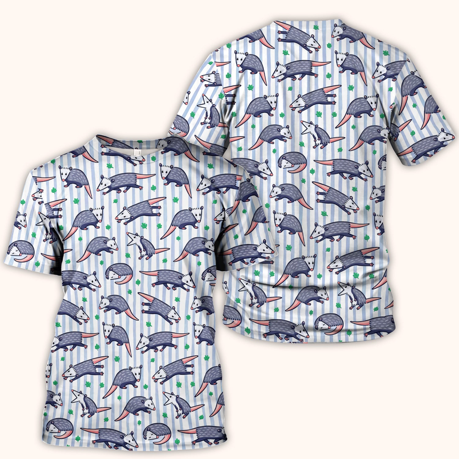 Cute Opossum Blue Stripe Pattern Scrub Top, Breathable Fabrics Nursing Uniform