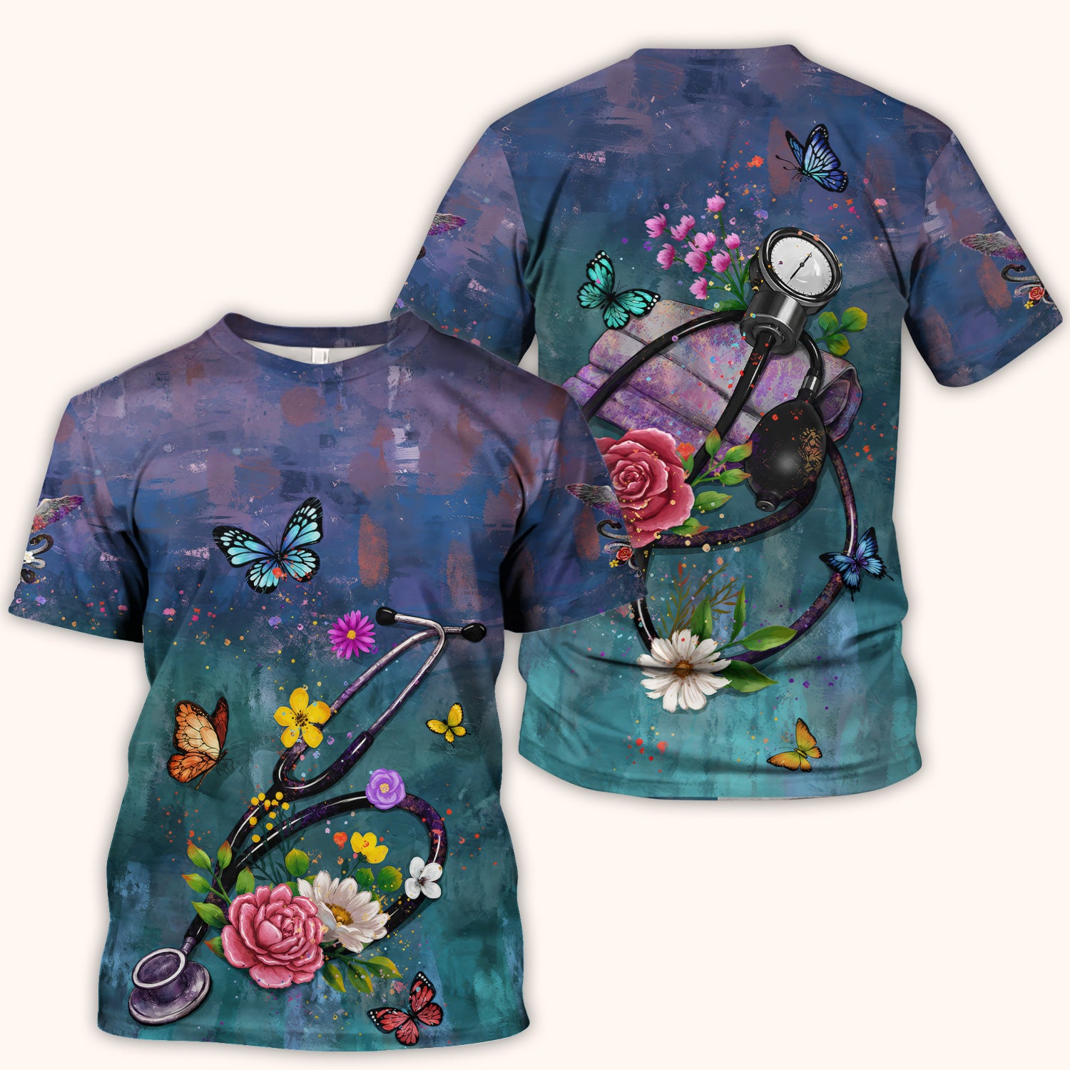 Floral Stethoscope Nurse Scrub Top for RN, CNA, Healthcare Workers, Medical Uniform