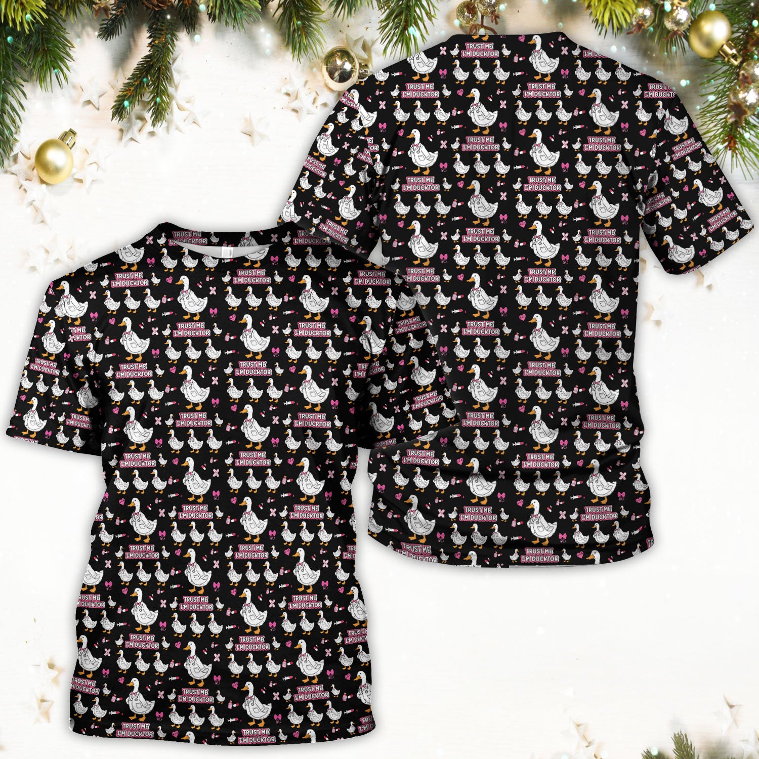 Trust Me I'm Ducktor Scrub Top, Funny Duck Pattern Scrub Shirt, Breathable Fabrics Nursing Uniform For Women