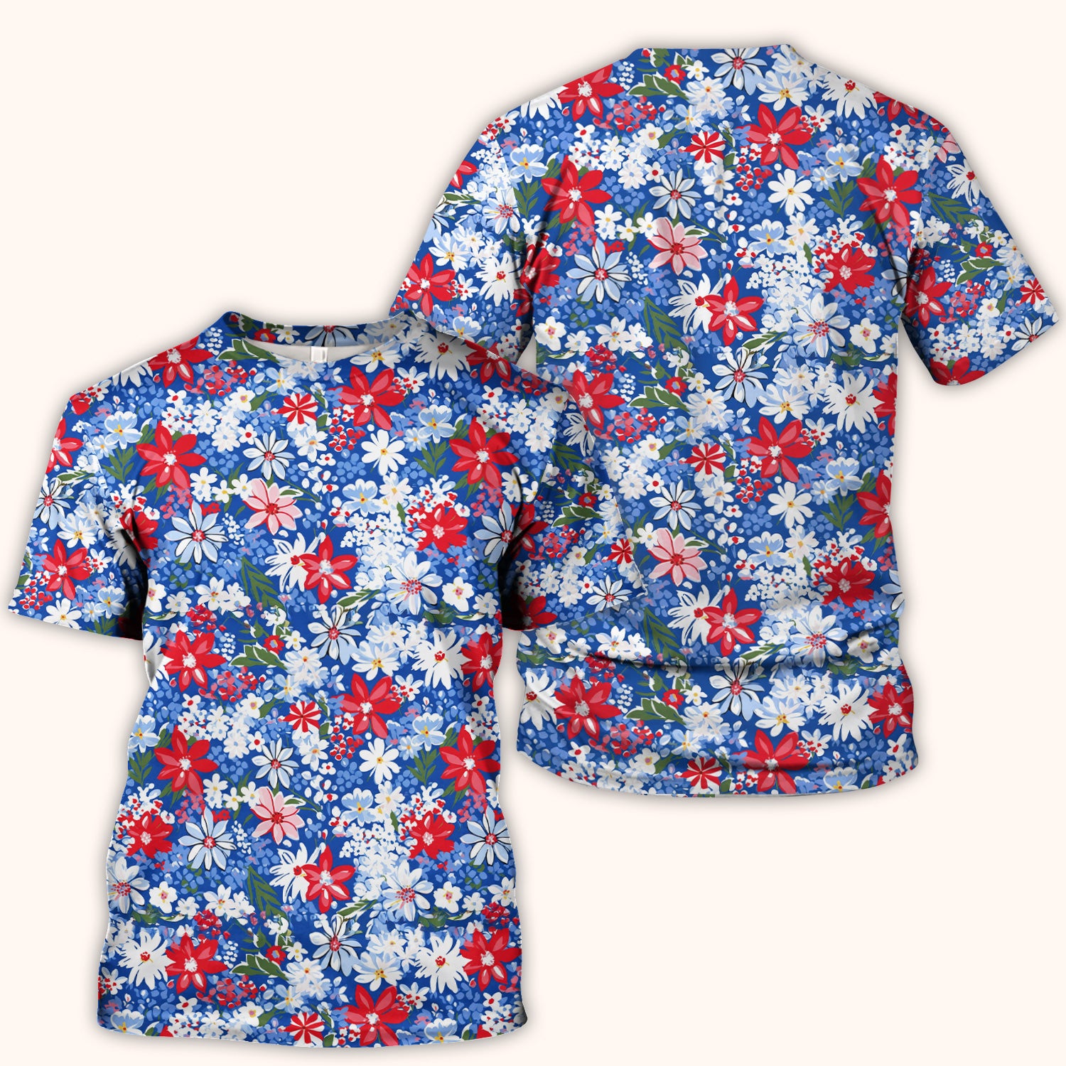 Patriotic Red White Blue Floral Garden Print Scrub Top, Comfortable Scrubs for Nurses