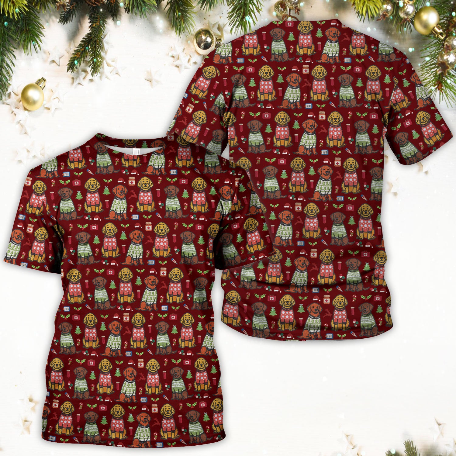 Golden Retriever Christmas Scrub Top, Cute Holiday Dog Nurse Pattern Shirt, Breathable Fabrics Nursing Uniform