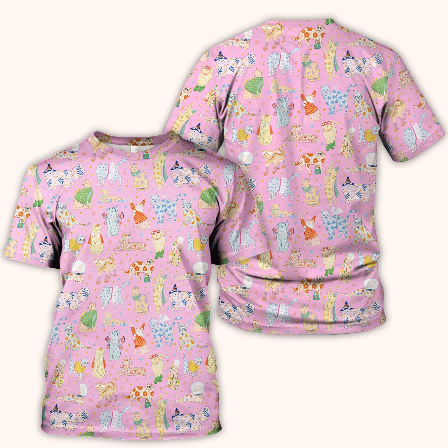 Colorful Pastel Cartoon Cats Print Scrub Top, Breathable Fabrics Nursing Uniform