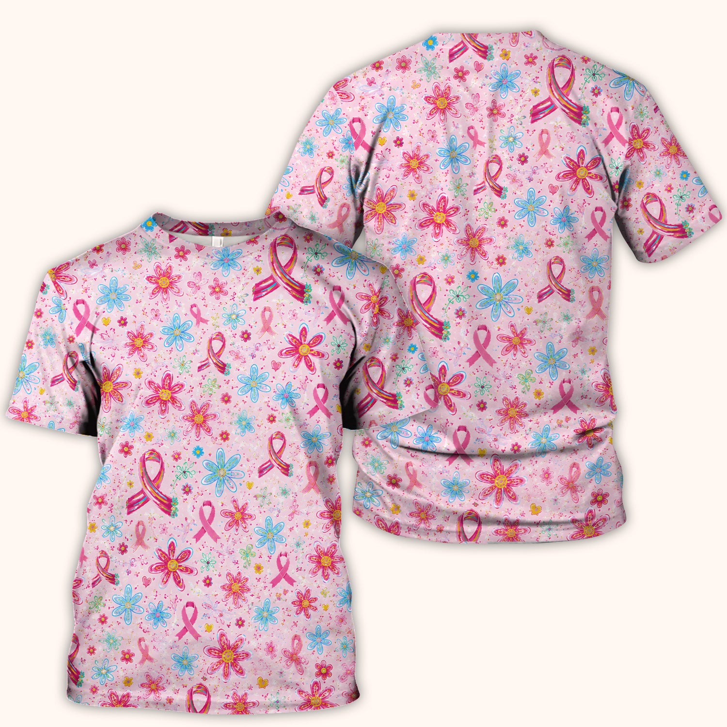 Floral Breast Cancer Awareness Print Scrub Top, Comfortable Scrubs for Nurses