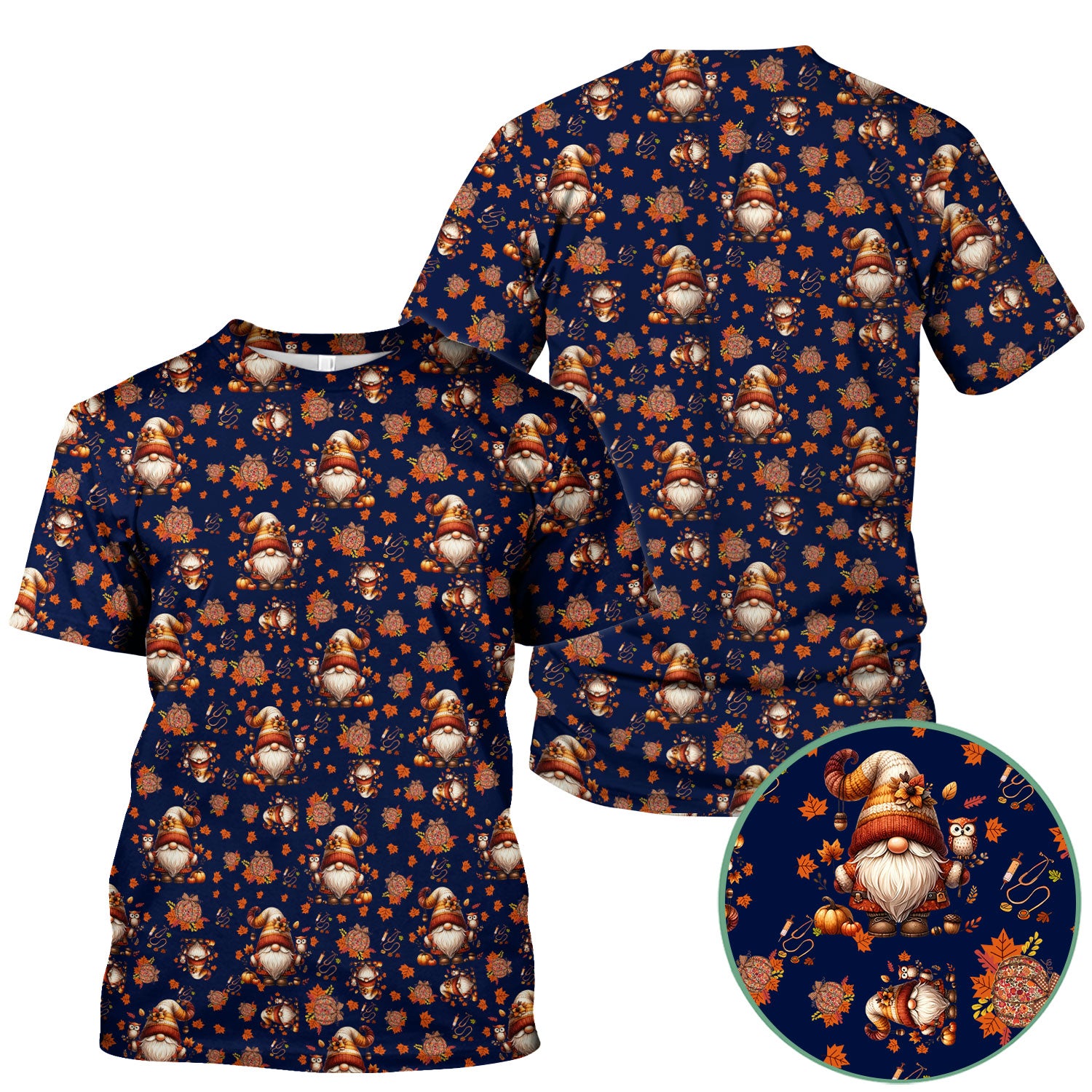 Fall Gnome Nurse Scrub Top for Women - Autumn Leaves Pumpkin Shirts - Thanksgiving Nursing Uniform Gift for RN LPN CNA