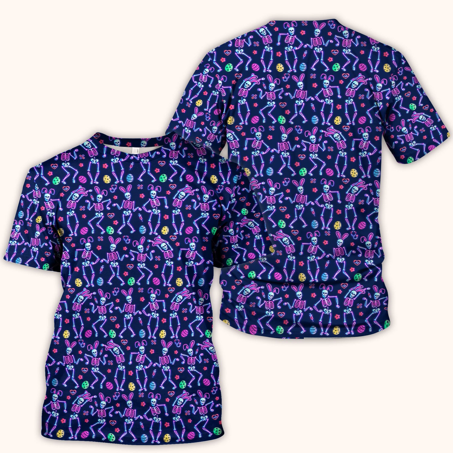 Neon Easter Skeleton Pattern Scrub Top, Comfortable Scrubs for Nurses