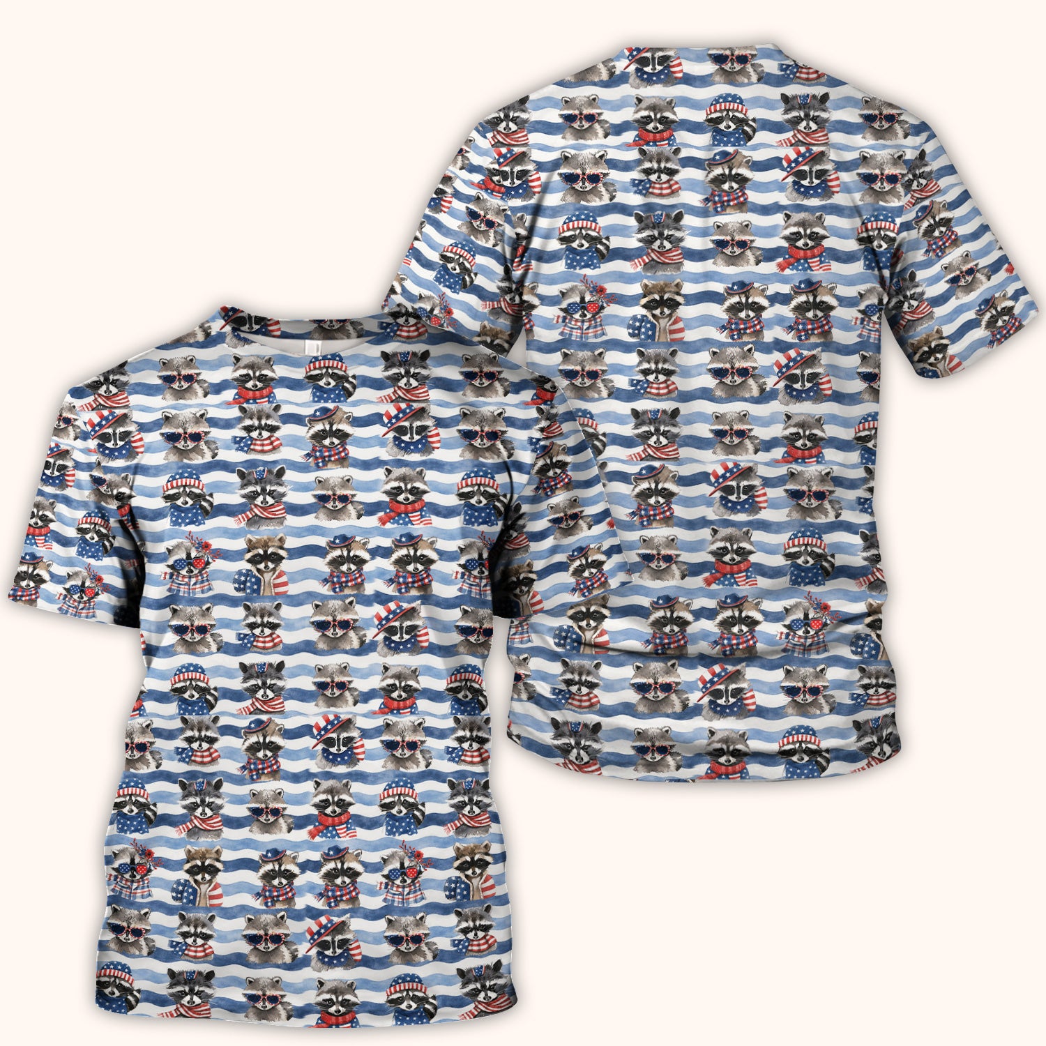 Patriotic Raccoon Watercolor Stripe Pattern Scrub Top, Comfortable Scrubs for Nurses