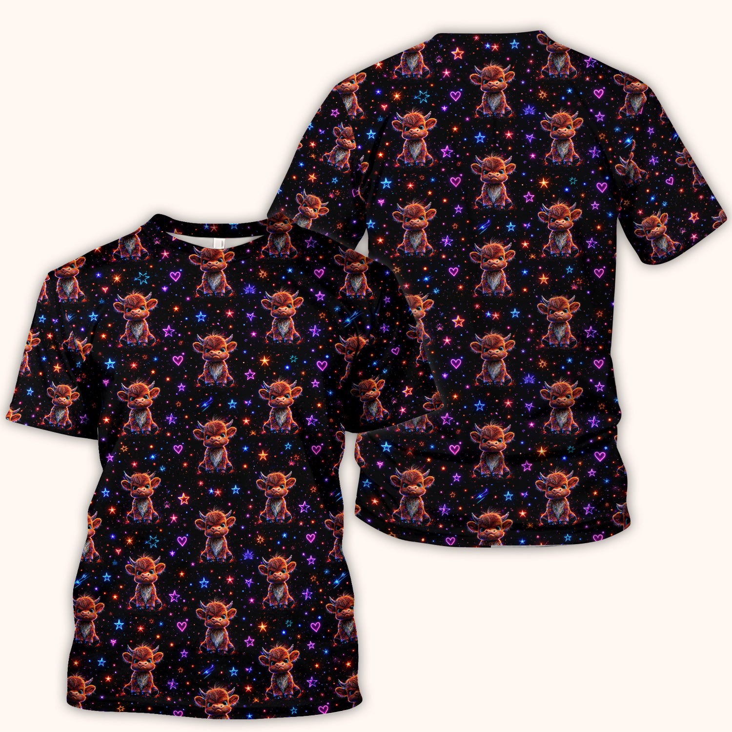 Neon Highland Cow Stars Pattern Scrub Top, Comfortable Scrubs for Nurses