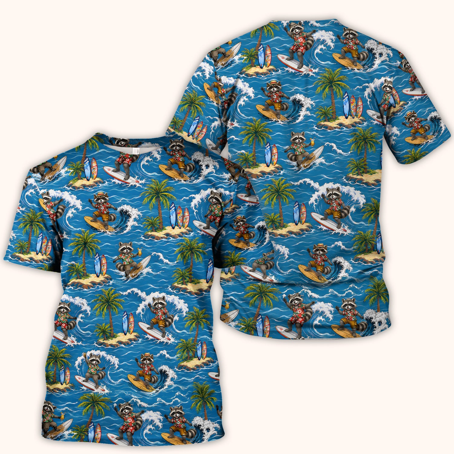 Tropical Surfing Raccoon Island Pattern Scrub Top, Comfortable Scrubs for Nurses