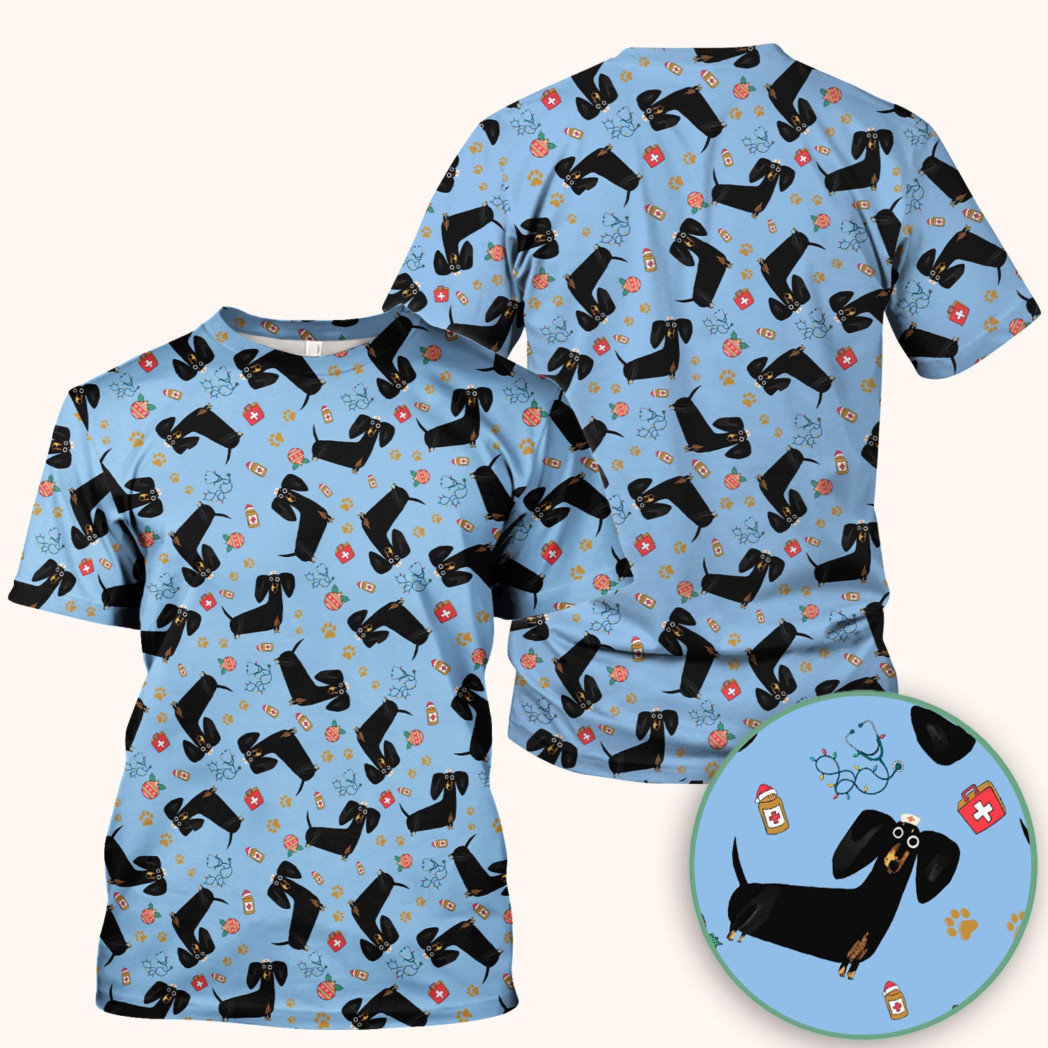 Funny Black Dachshund Scrub Top for Nurses - Cute Wiener Dog Medical Shirt - Puppy Lover Nursing Gift for Women