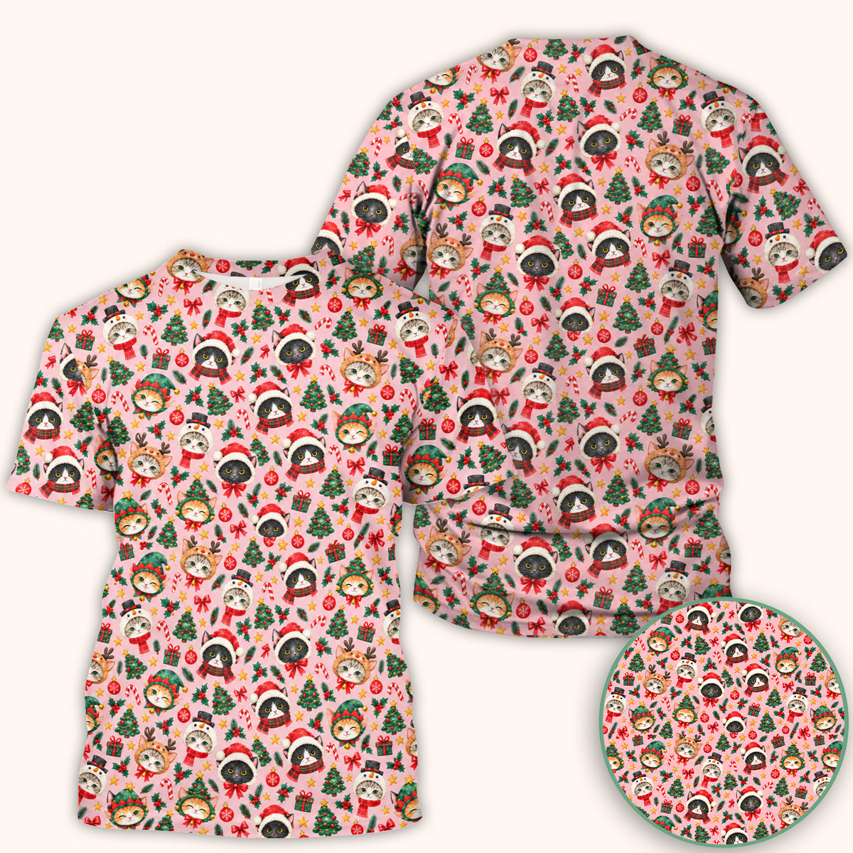 Christmas Cats And Trees Pattern Scrub Top, Comfortable Scrubs for Nurses