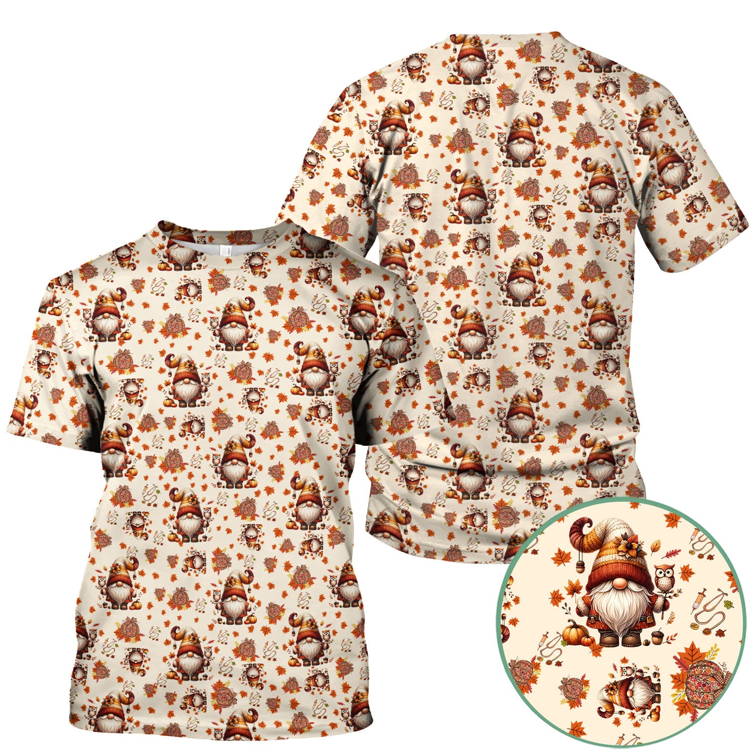 Fall Gnome Nurse Scrub Top for Women - Autumn Leaves Pumpkin Shirts - Thanksgiving Nursing Uniform Gift for RN LPN CNA