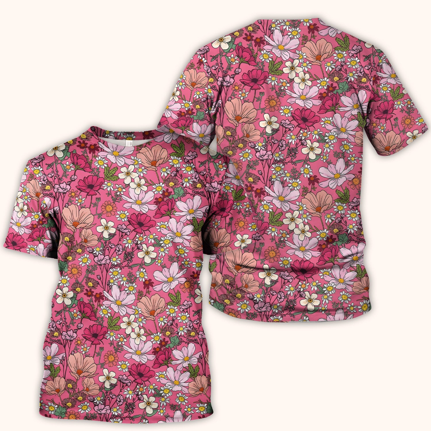 Pink Daisy Wildflower Nurse Pattern Scrub Top, Comfortable Scrubs for Nurses