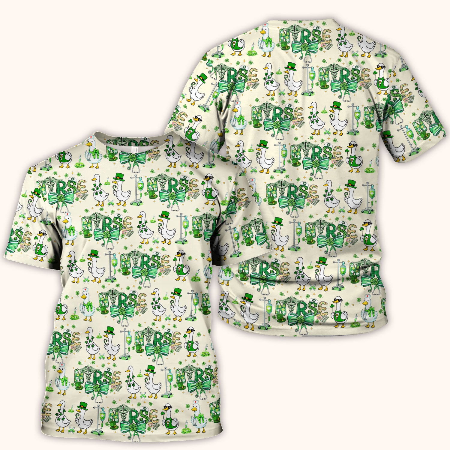 Funny Goose Nurse Shamrock Scrub Top, St. Patrick’s Day Nurse Pattern Shirt, Breathable Fabrics Nursing Uniform