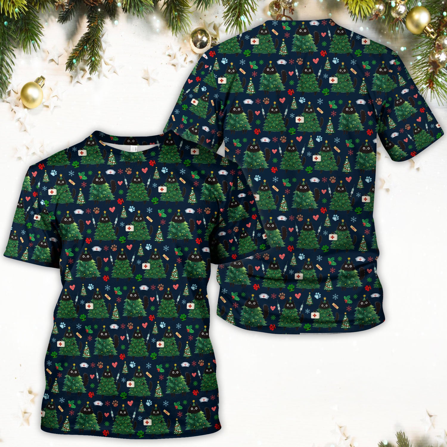 Christmas Nurse Scrub Top, Xmas Black Cat Pattern Nurse Shirt,  Breathable Fabrics Nursing Uniform