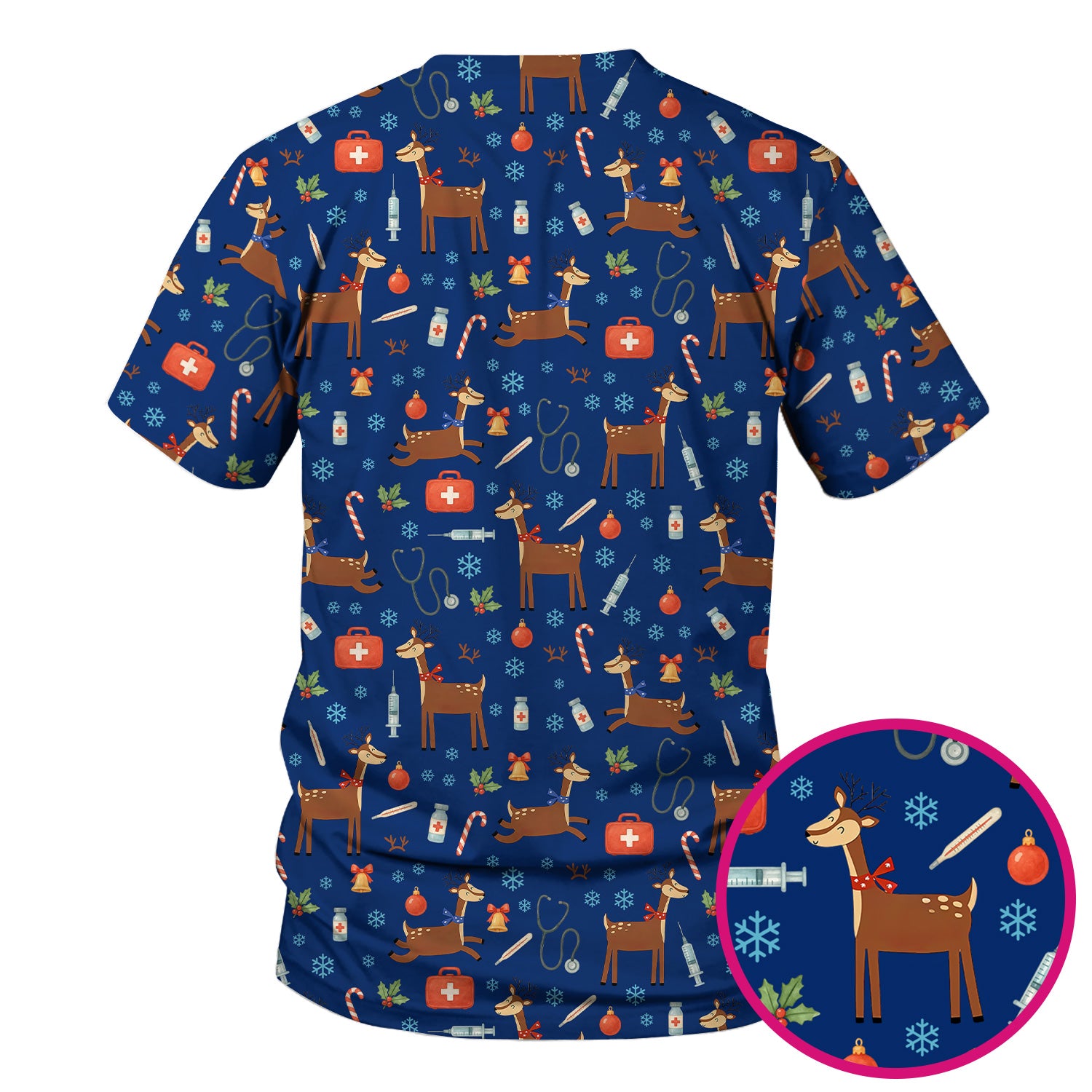 Christmas Reindeer Scrub Top for Nurses - Cute Reindeers Snowflakes Candy Canes Shirt - Comfortable Med Uniform