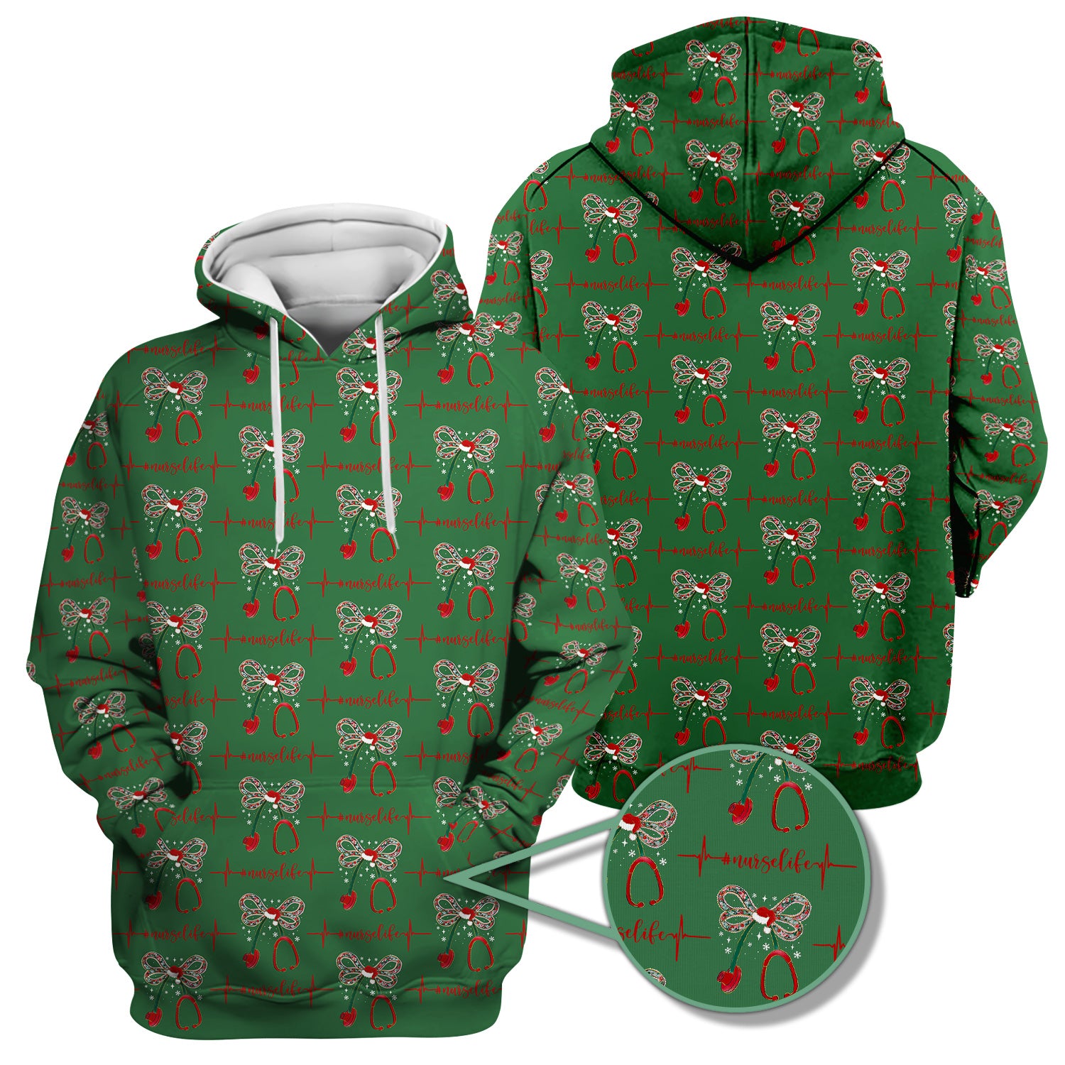 Personalized Funny Nurse Christmas Scrub Top - Stethoscope with Holiday Bow & Heartbeat Pattern - Gift for RN LPN CNA Healthcare Staff