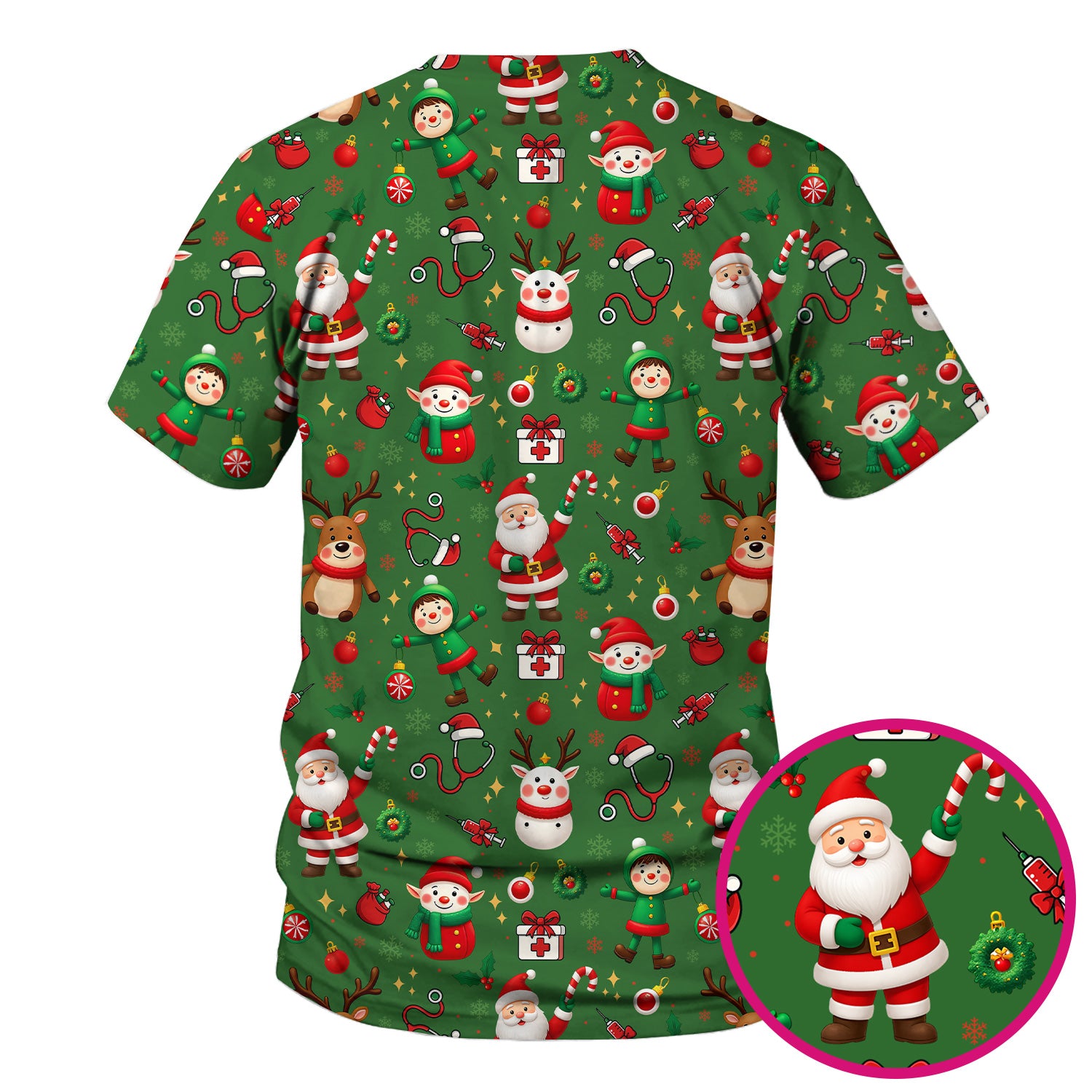 Santa Christmas Scrub Top - Cute Holiday Nurse Medical Shirt - Festive Reindeer Med Uniform for Women RN CNA LPN