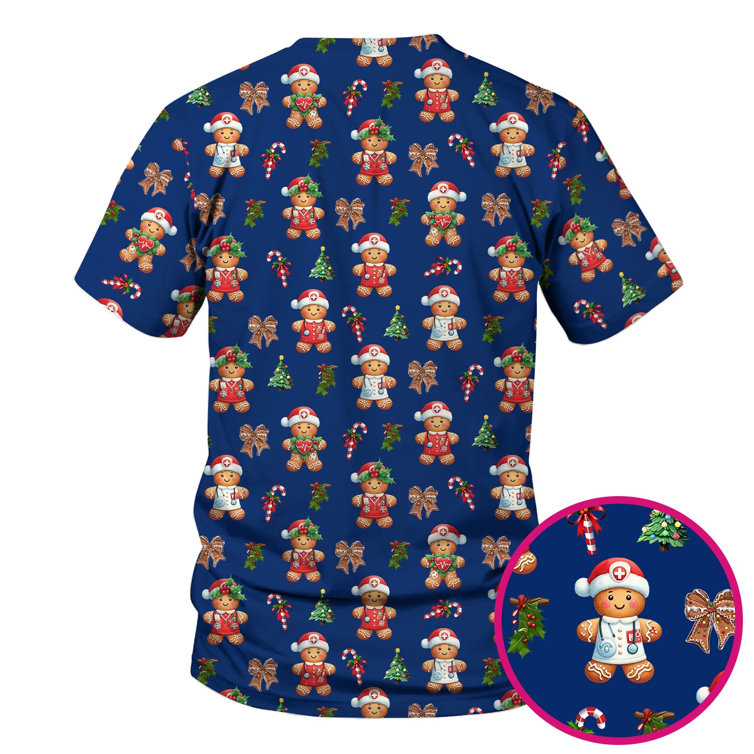 Funny Christmas Scrub Top for Nurse - Adorable Gingerbread Candy Cane Bow- Festive Medical Uniform for Women