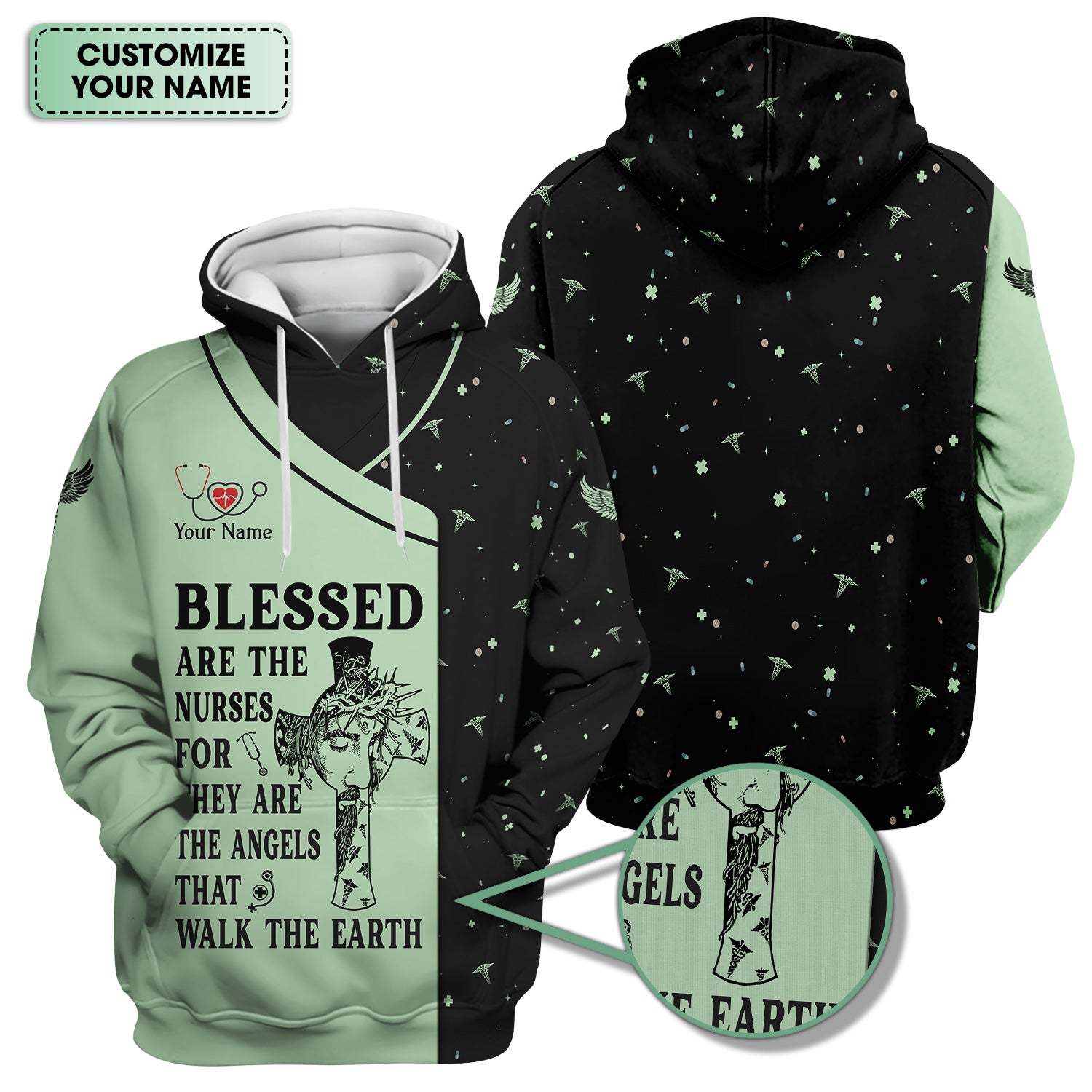 Personalized Christian Nurse Scrub Top - Jesus Cross & Angels That Walk The Earth Quote - Gift for Women RN LPN