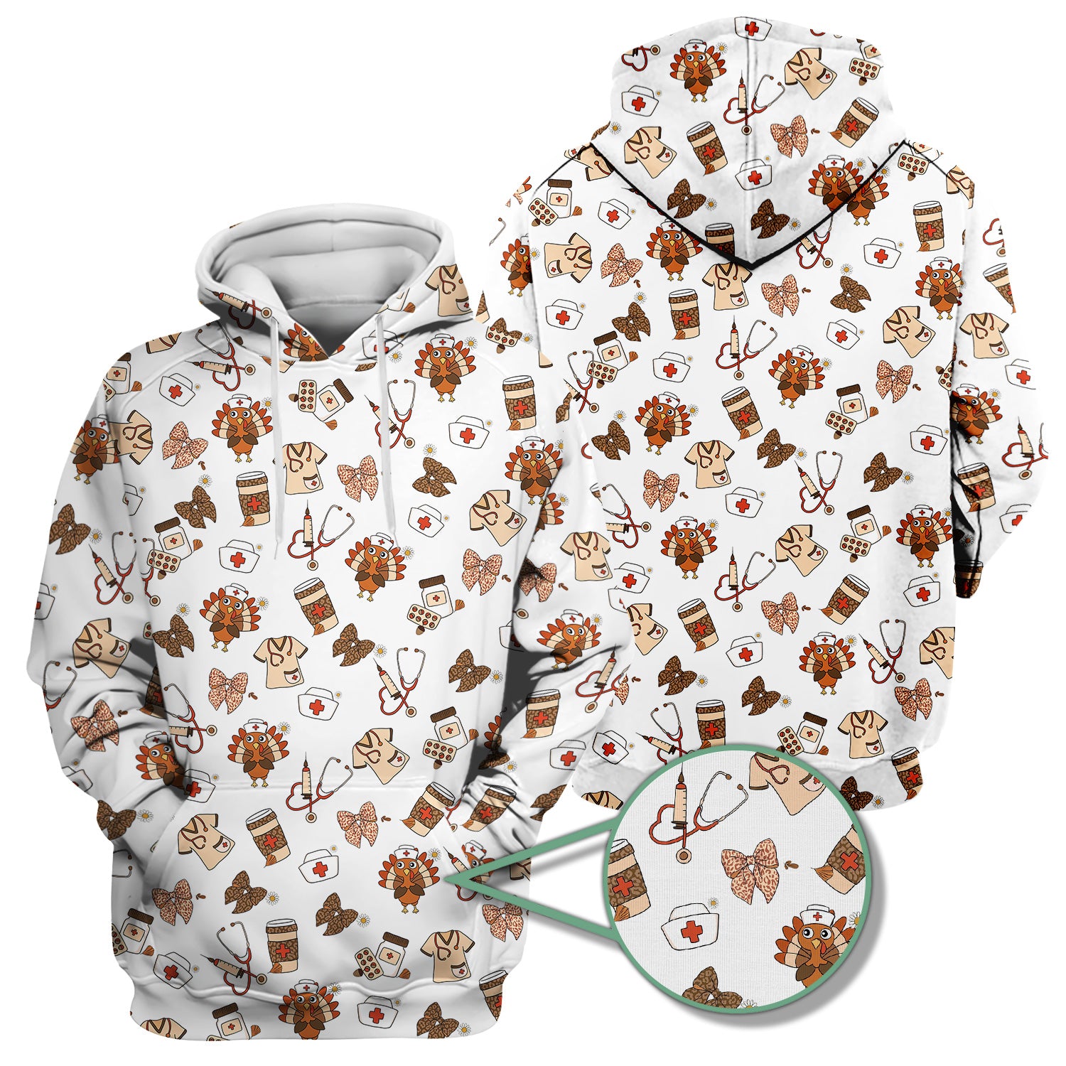 Cute Nurse Fall Season Scrub Top - Thanksgiving Turkey & Stethoscope Medical Design  - Gift for RN LPN CNA