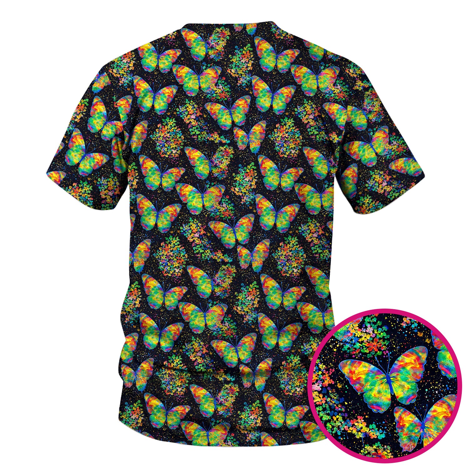 Rainbow Butterfly Galaxy Pattern Scrub Top, Comfortable Scrubs for Nurses
