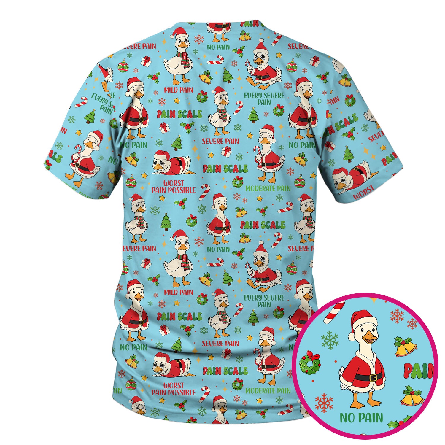 Funny Goose Christmas Scrub Top - Pain Scale Nurse Pattern Shirt - Cute Holiday Medical Scrubs for Women