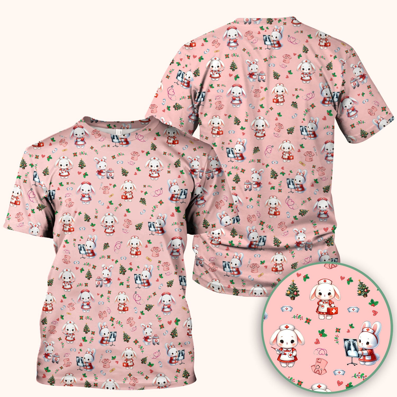 Cute Bunny Scrub Top for Nurse - Adorable Christmas Rabbit Shirt - Funny Holiday Medical Shirt Gift for Women RN LPN CNA