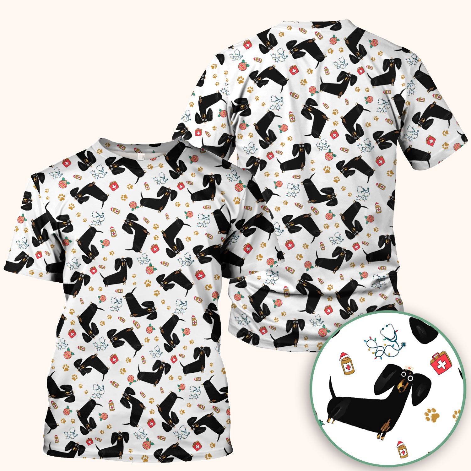Funny Wiener Dog Scrub Top for Nurses - Cute Black Dachshund Medical Shirt - Dog Lover Nursing Uniform Gift for Women