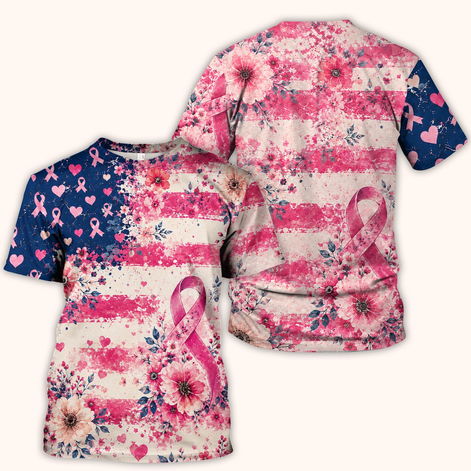 Breast Cancer Floral Flag Nurse Scrub Top for Oncology RN, Pink Ribbon Awareness Uniform