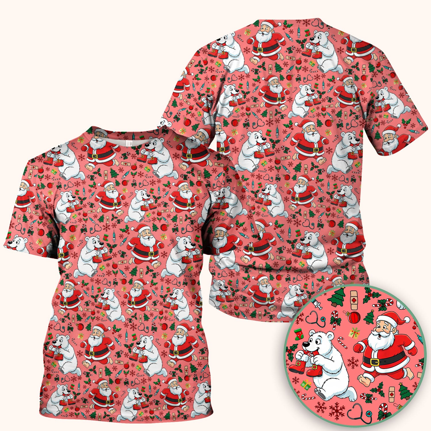 Christmas Santa & Polar Bear Scrub Top - Funny Holiday Nurse Shirt for Women - Cute Winter Medical Uniform