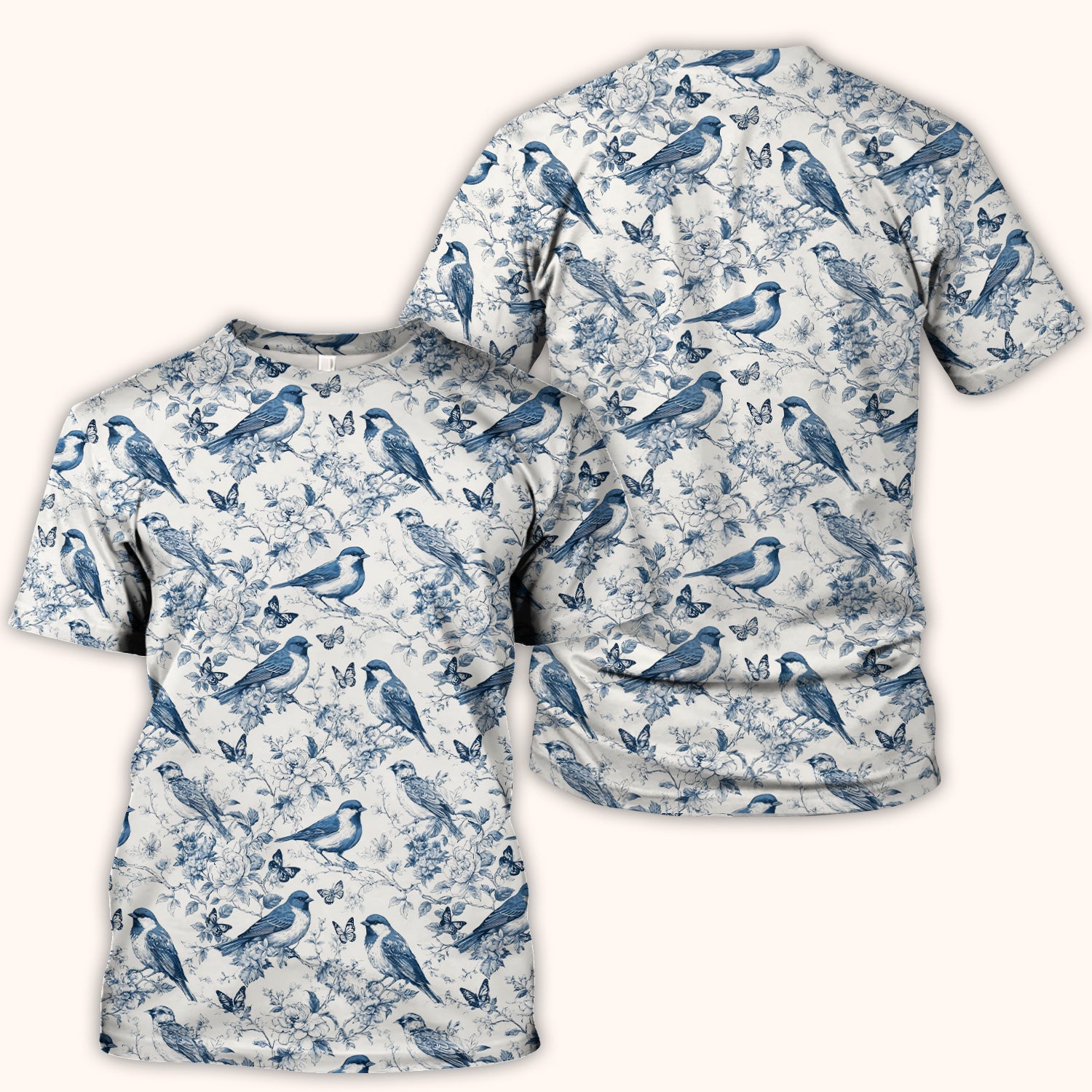Blue Toile Songbird With Butterfly Print Scrub Top, Comfortable Scrubs for Nurses