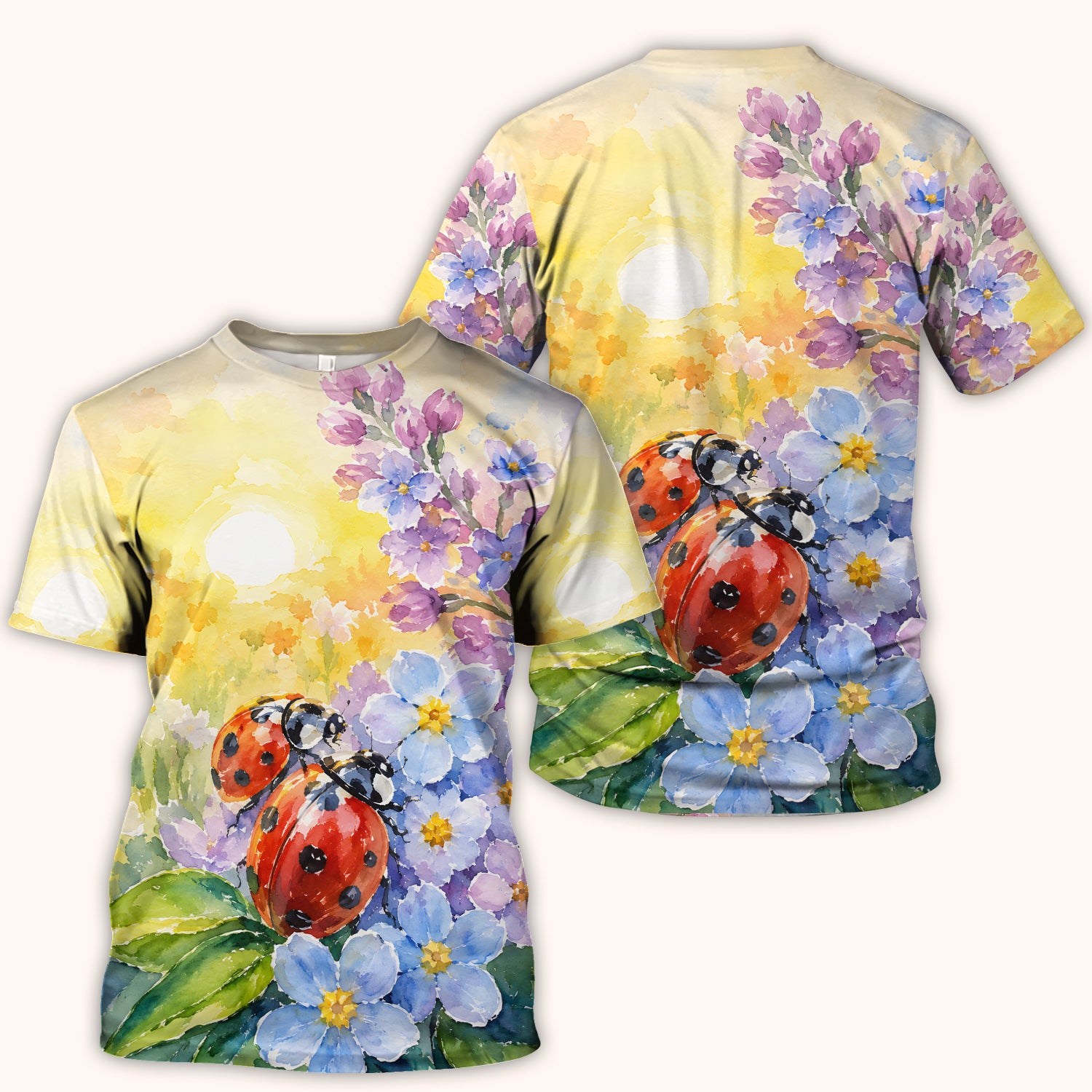 Ladybug Spring Flower Garden Print Scrub Top, Comfortable Scrubs for Nurses