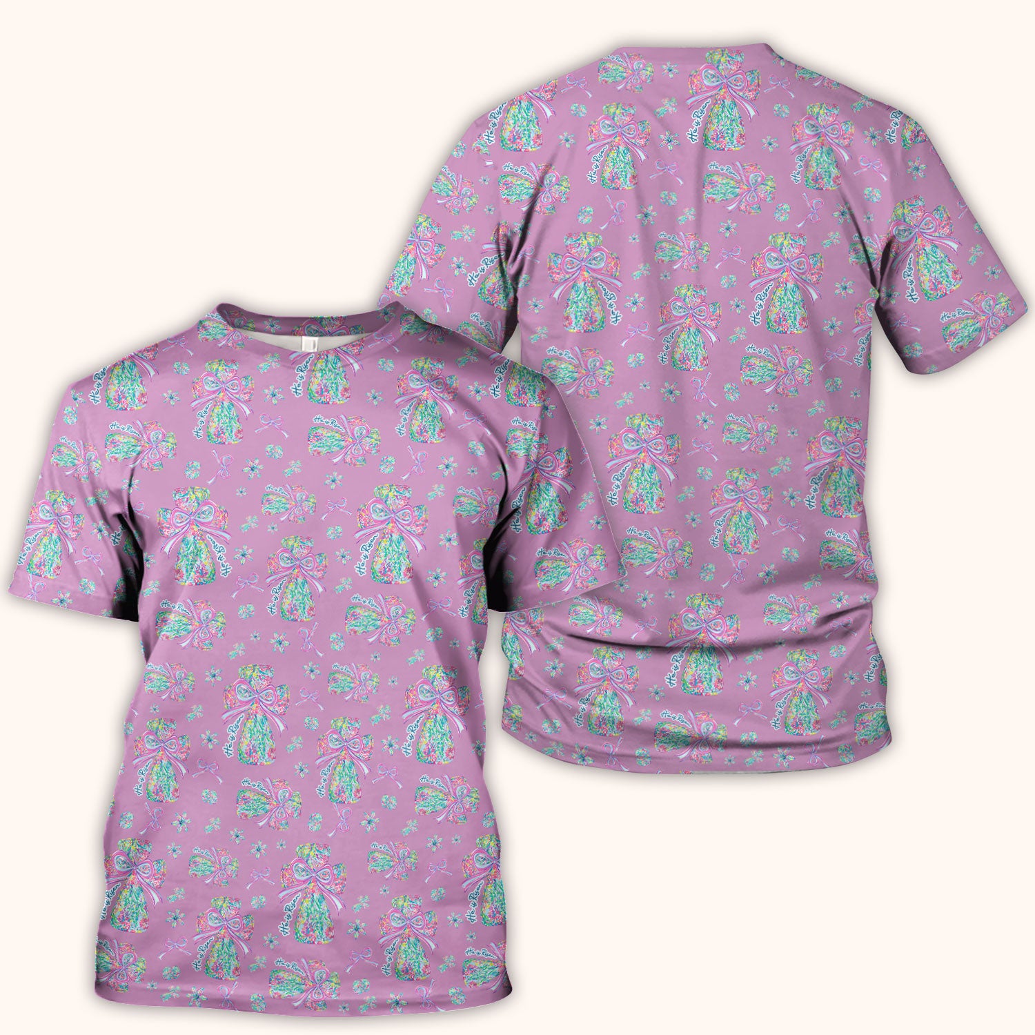 Colorful Bow Pattern Scrub Top, Breathable Fabrics Nursing Uniform
