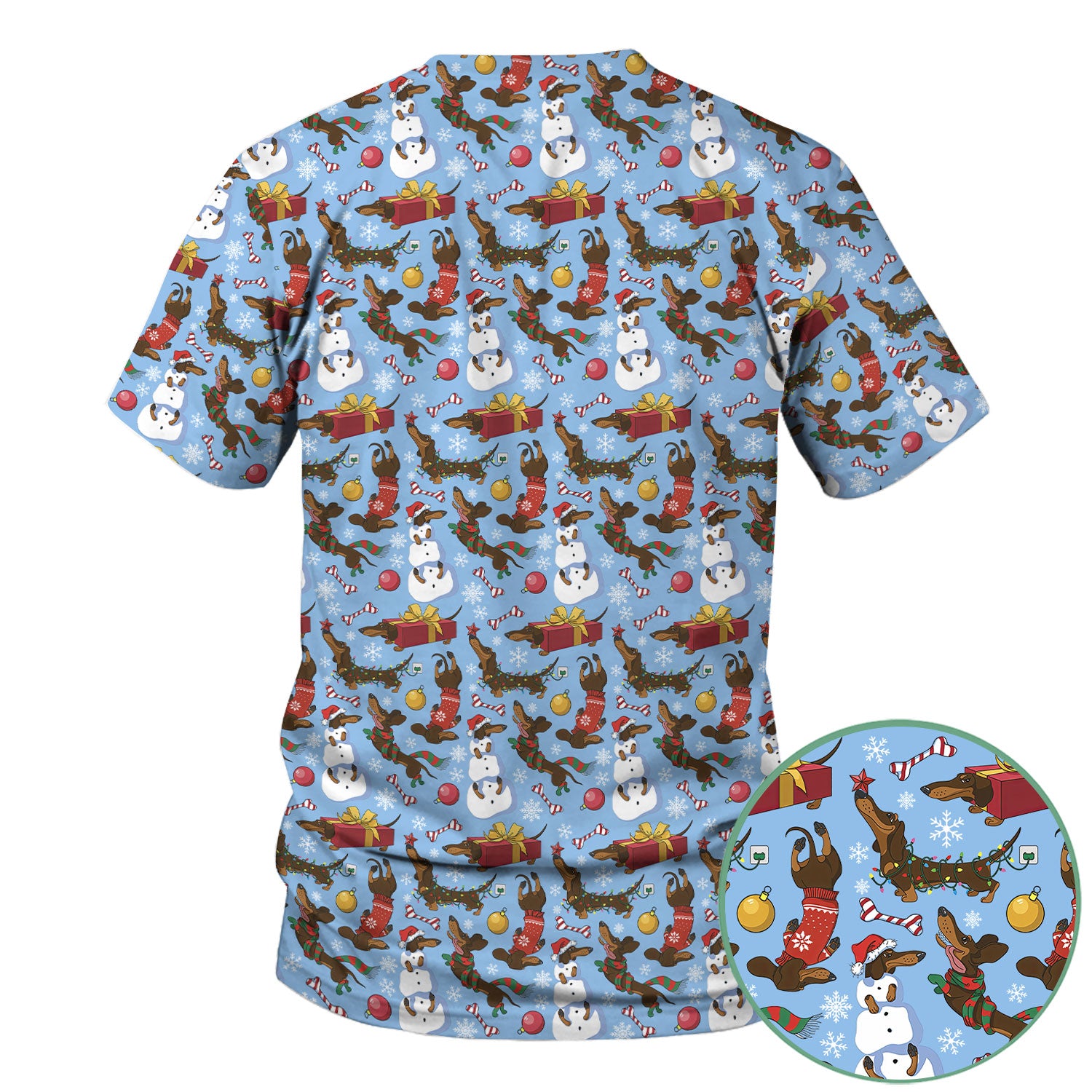 Christmas Nurse Scrubs for Women - Dachshund Dog & Snowman Print - Custom Multi Color Nursing Shirt Holiday Gift