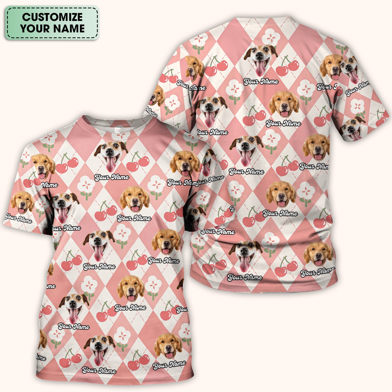 Custom Dog Face Scrub Top, Playful Dog Cherry Argyle Pattern Shirt, Comfortable Scrubs for Nurses