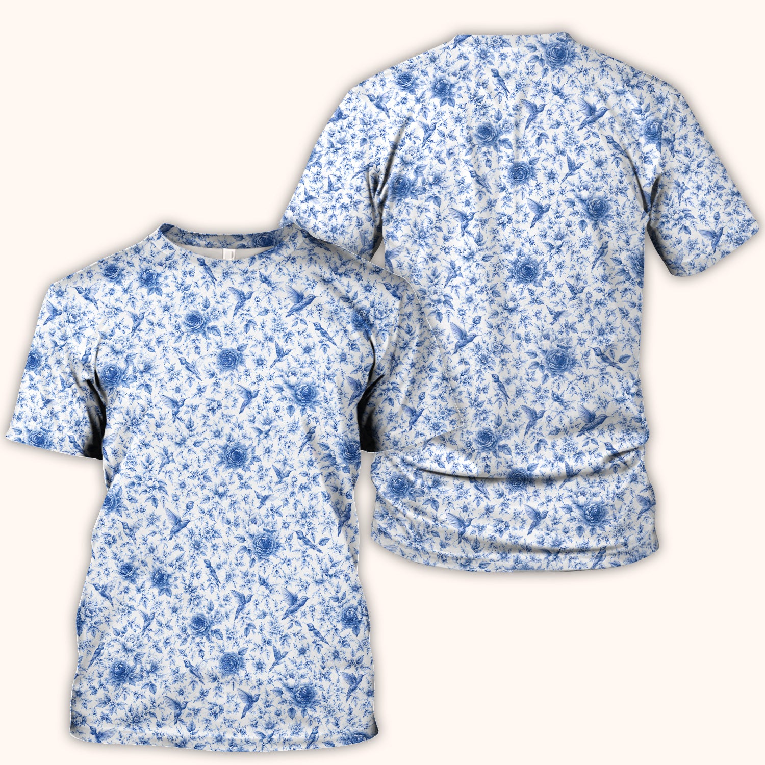 Blue Floral Hummingbird Toile Pattern Scrub Top, Comfortable Scrubs for Nurses