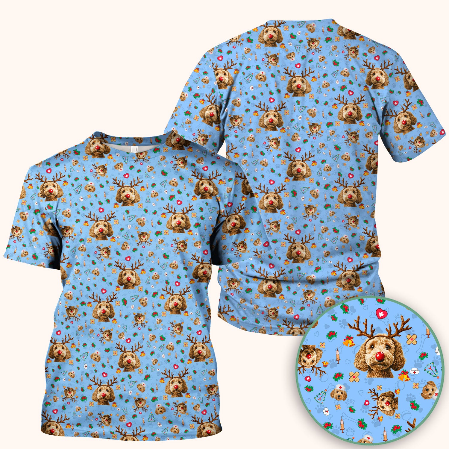 Labradoodle Reindeer Christmas Scrub Top - Funny Dog Nurse Shirt - Cute Holiday Medical Uniform for Women RN LPN CNA Gift