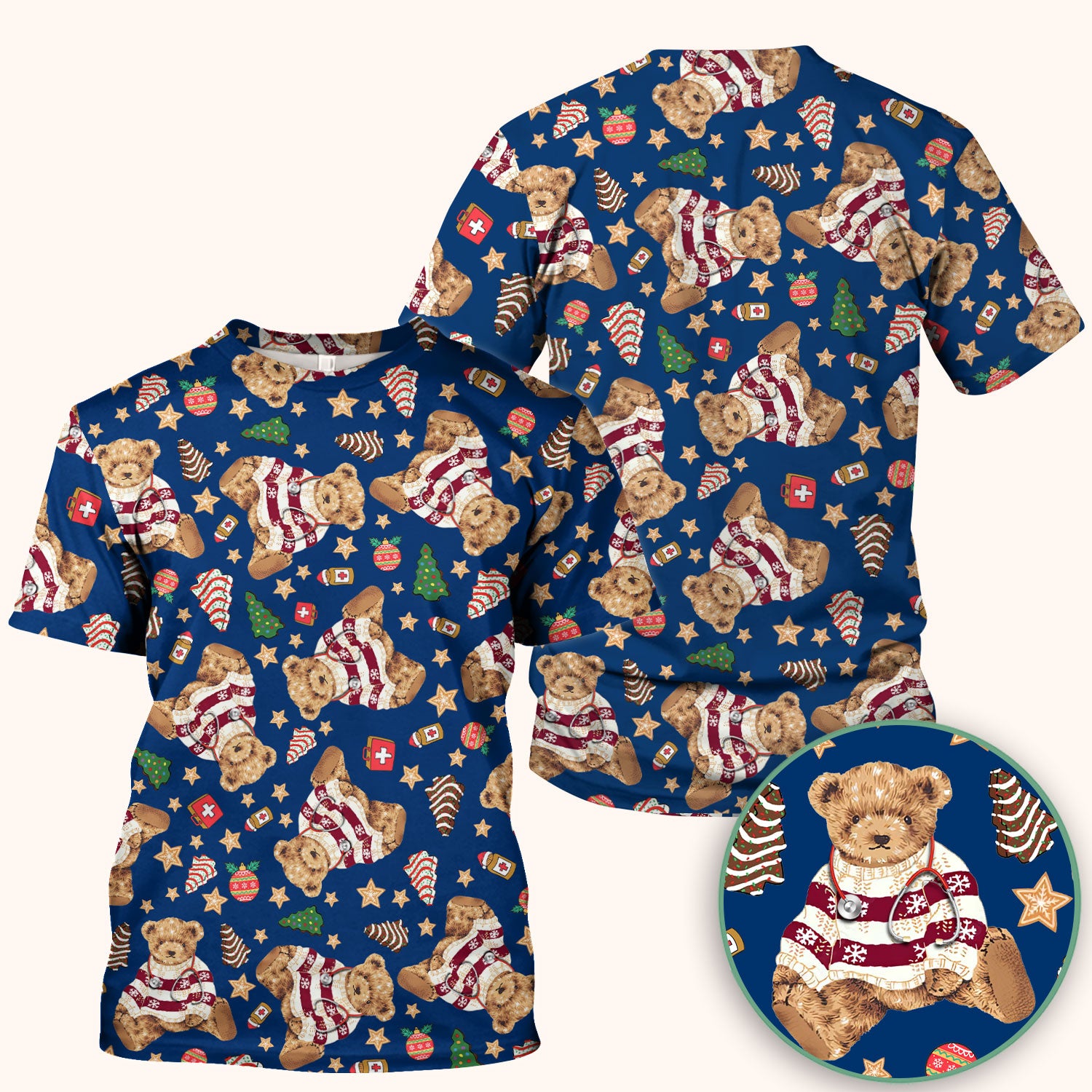 Teddy Bear Christmas Scrub Top - Cute Holiday Medical Pattern with Warm Sweater Bear - Gift for Nurses RN CNA LPN