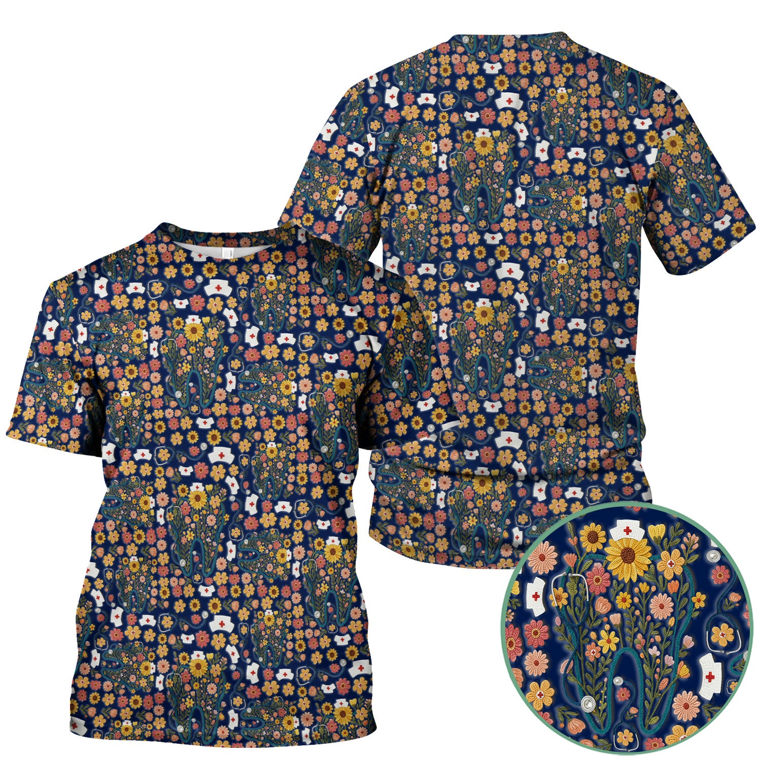 Boho Floral Tooth Scrub Top - Aesthetic Dental Scrubs for Women - Cute Flower Tooth Pattern Medical Uniform - Hygienist Christmas Gift
