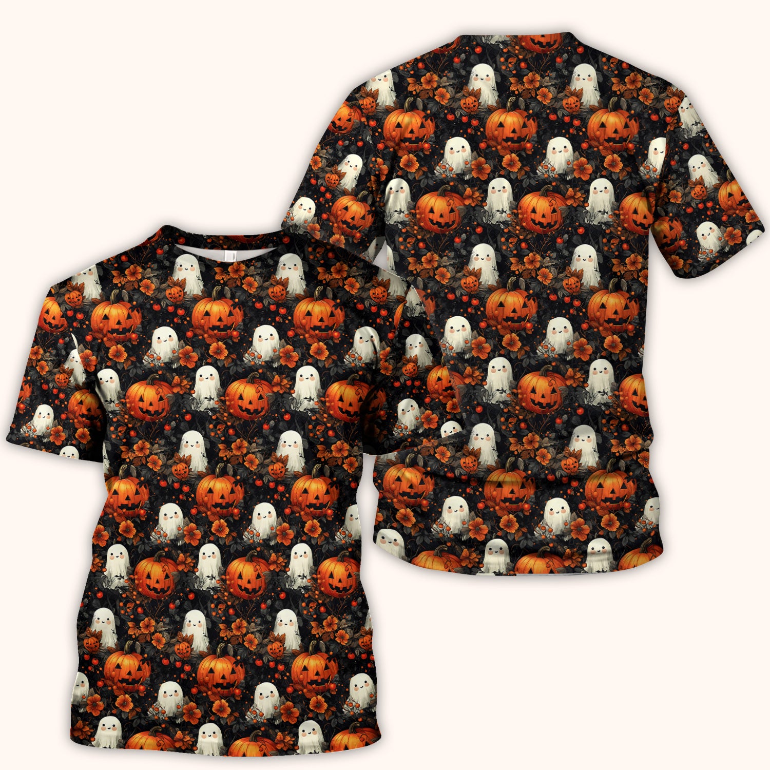 Spooky Halloween Ghost And Pumpkin Pattern Scrub Top, Comfortable Scrubs for Nurses