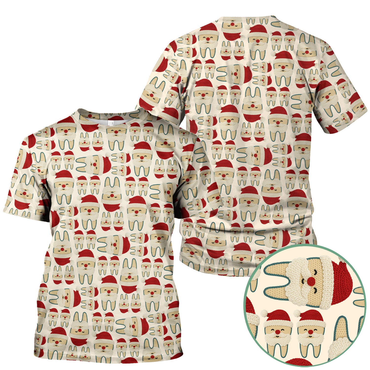 Christmas Tooth Scrub Top - Cute Santa Tooth Pattern for Dentists & Hygienists - Crochet Style Holiday Medical Uniform for Women