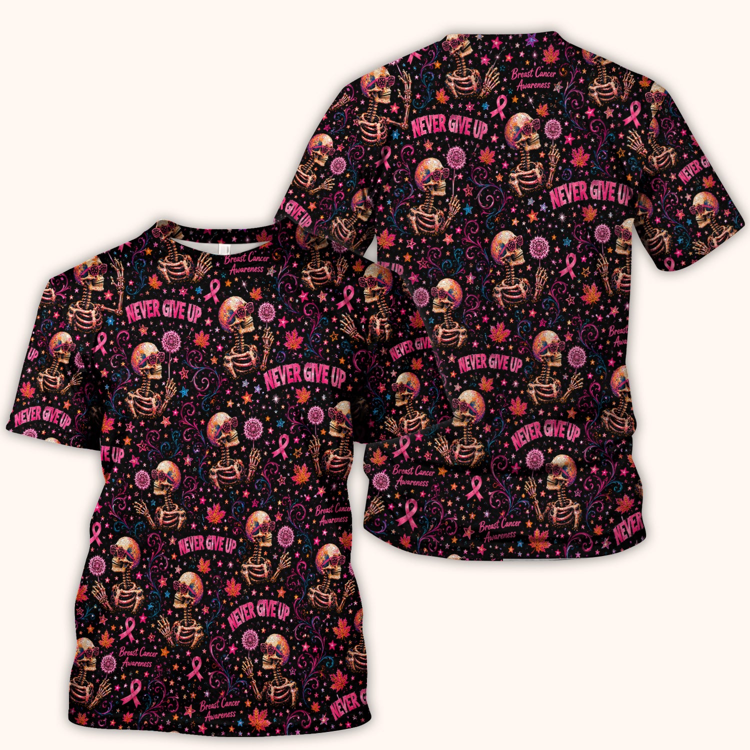 Breast Cancer Awareness Skeletons Pattern Scrub Top, Comfortable Scrubs for Nurses